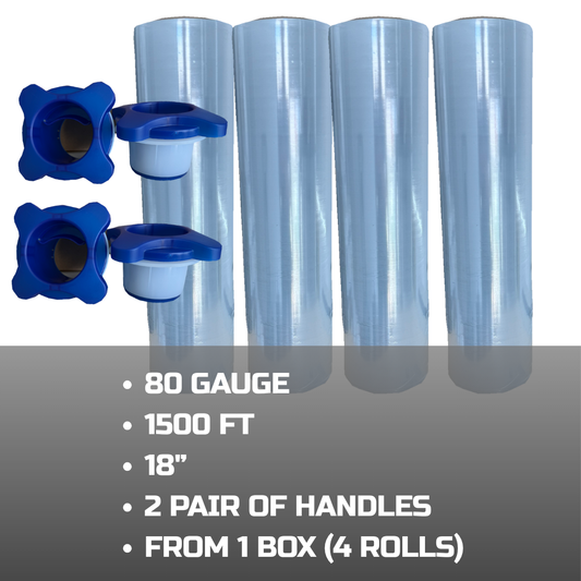 18" x 1500 ft 80 Gauge Stretch Wrap with Handles – Heavy Duty Pallet Film – 48 Cases (192 Rolls) per Pallet – B2B Wholesale