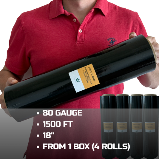18" x 1500 ft 80 Gauge Black Stretch Wrap – Heavy Duty Pallet Film – 55 Cases (220 Rolls) per Pallet – B2B Wholesale